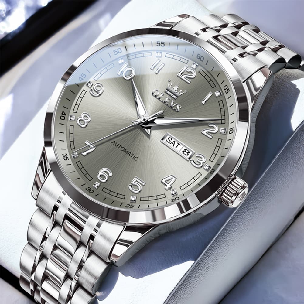 OLEVS 7077 Arabic Numeral Dual Calendar Automatic Watch For Men - Silver Grey Watch | Olevs Watch Store