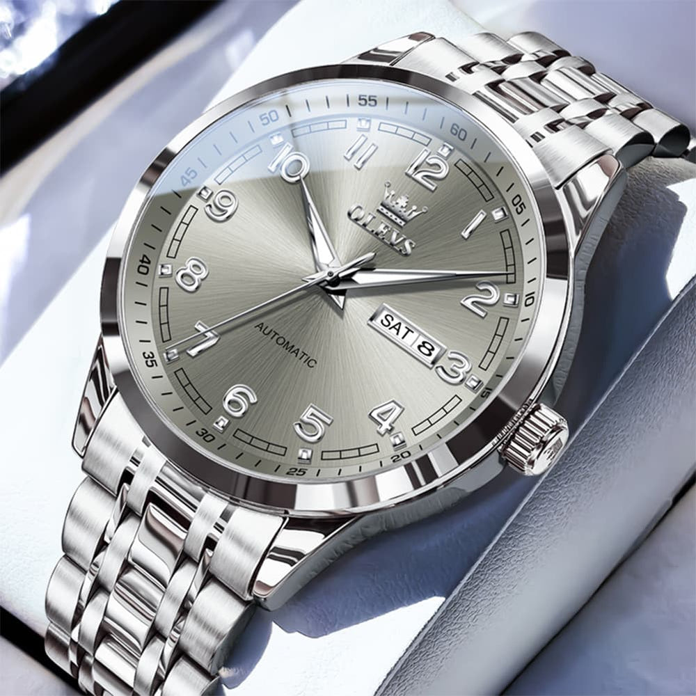 OLEVS 7077 Arabic Numeral Dual Calendar Automatic Watch For Men - Silver Grey Watch | Olevs Watch Store