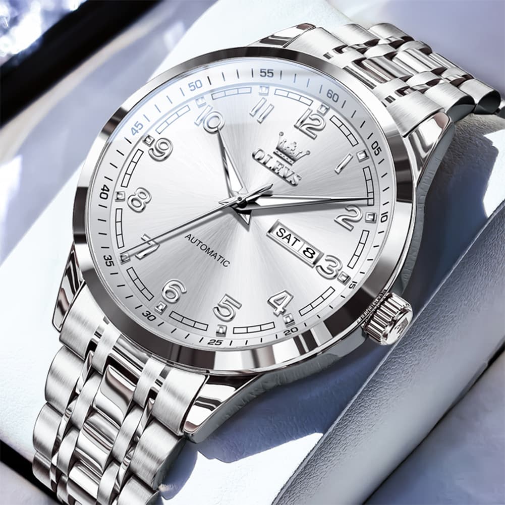 OLEVS 7077 Arabic Numeral Dual Calendar Automatic Watch For Men - Silver White Watch | Olevs Watch Store
