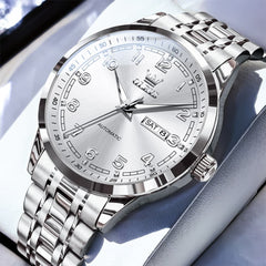 OLEVS 7077 Arabic Numeral Dual Calendar Automatic Watch For Men - Silver White Watch | Olevs Watch Store
