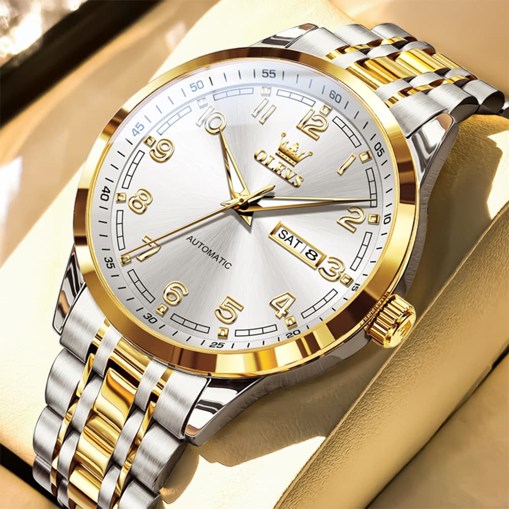 OLEVS 7077 Arabic Numeral Dual Calendar Automatic Watch For Men - Two Tone White Watch | Olevs Watch Store