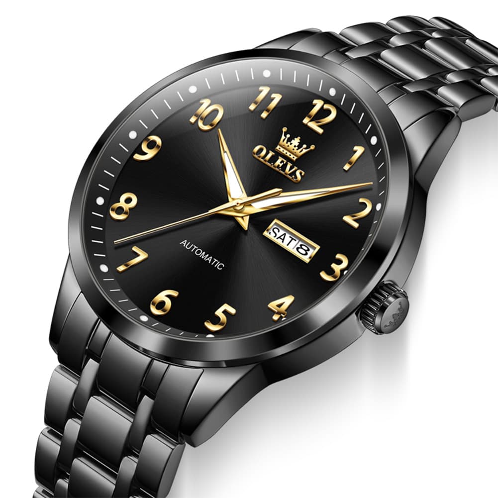 OLEVS 7078 Arabic Numeral Dual Calendar Automatic Watch For Men - All Black Watch | Olevs Watch Store