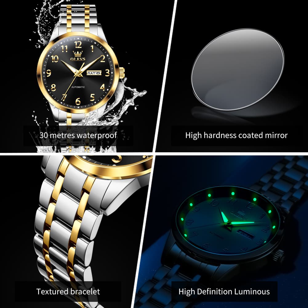 OLEVS 7078 Arabic Numeral Dual Calendar Automatic Watch For Men - All Gold Watch | Olevs Watch Store
