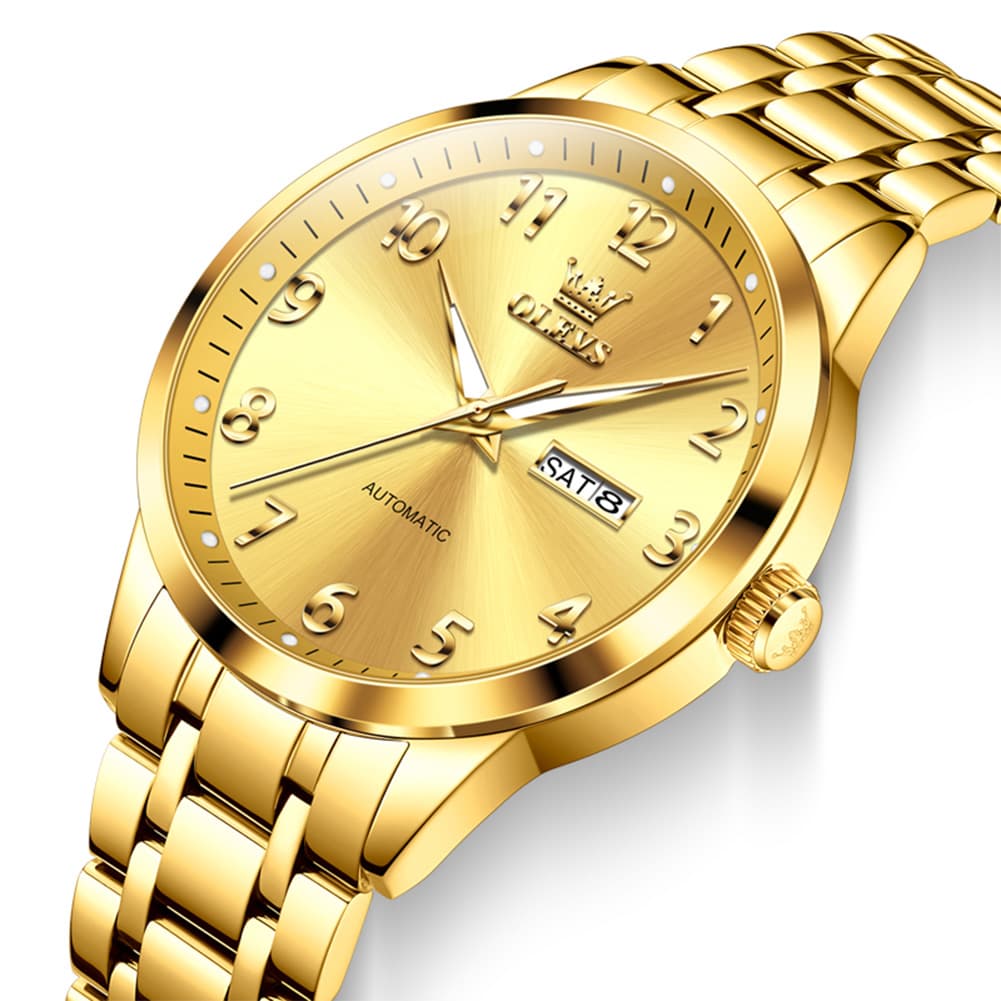 OLEVS 7078 Arabic Numeral Dual Calendar Automatic Watch For Men - All Gold Watch | Olevs Watch Store