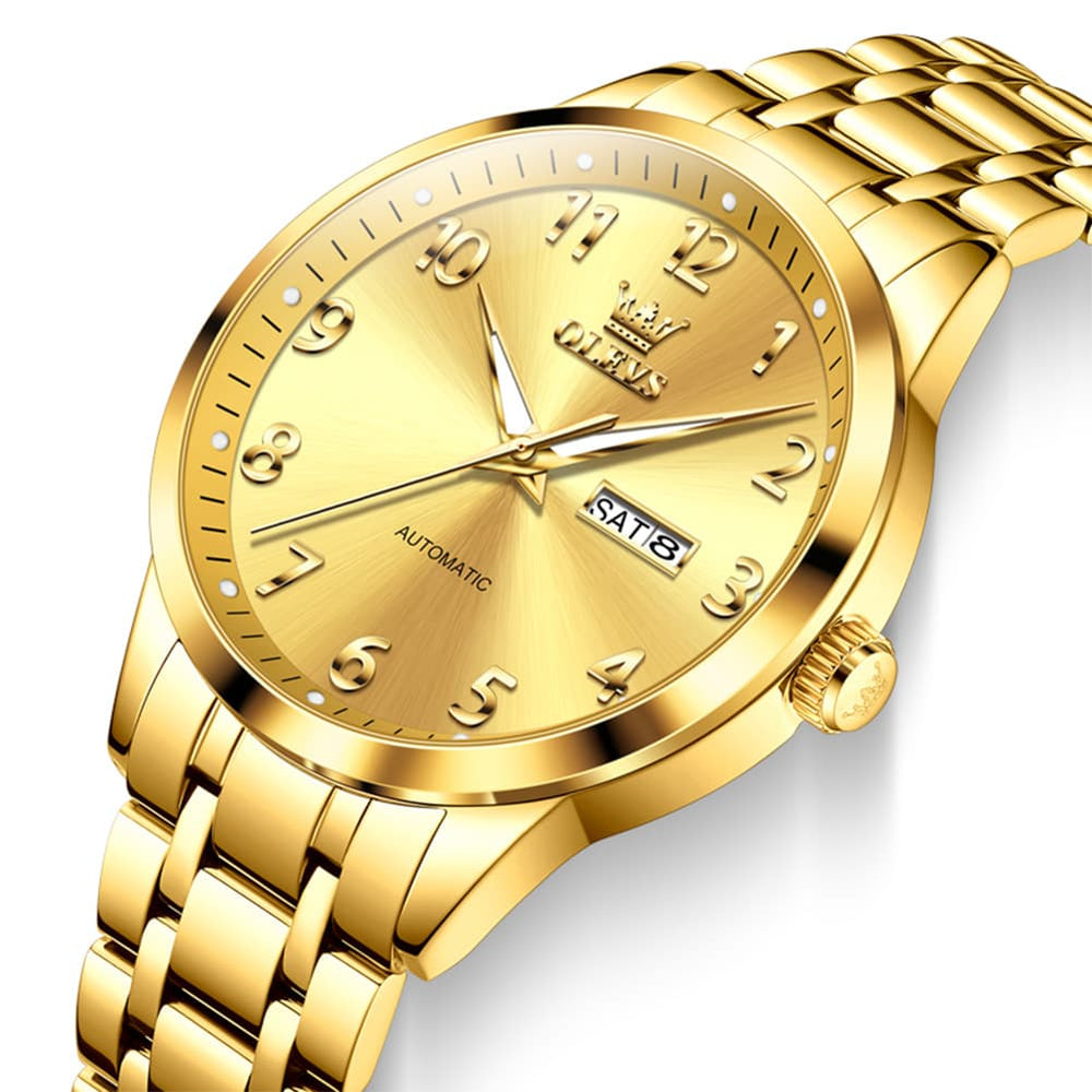 OLEVS 7078 Arabic Numeral Dual Calendar Automatic Watch For Men - All Gold Watch | Olevs Watch Store