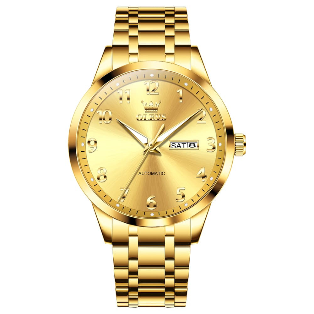 OLEVS 7078 Arabic Numeral Dual Calendar Automatic Watch For Men - All Gold Watch | Olevs Watch Store