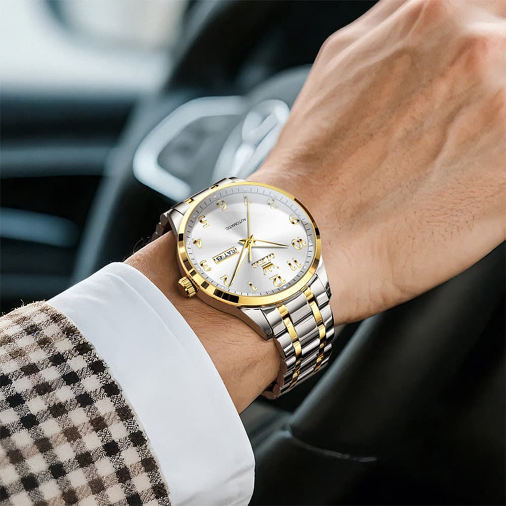 OLEVS 7078 Arabic Numeral Dual Calendar Automatic Watch For Men - All Gold Watch | Olevs Watch Store