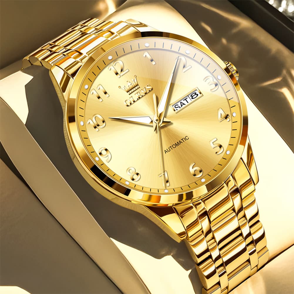 OLEVS 7078 Arabic Numeral Dual Calendar Automatic Watch For Men - All Gold Watch | Olevs Watch Store