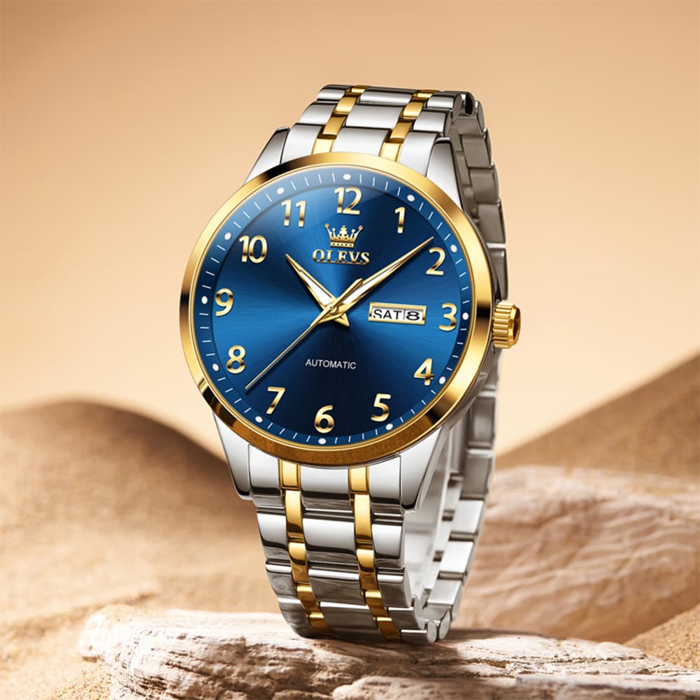 OLEVS 7078 Arabic Numeral Dual Calendar Automatic Watch For Men - All Gold Watch | Olevs Watch Store