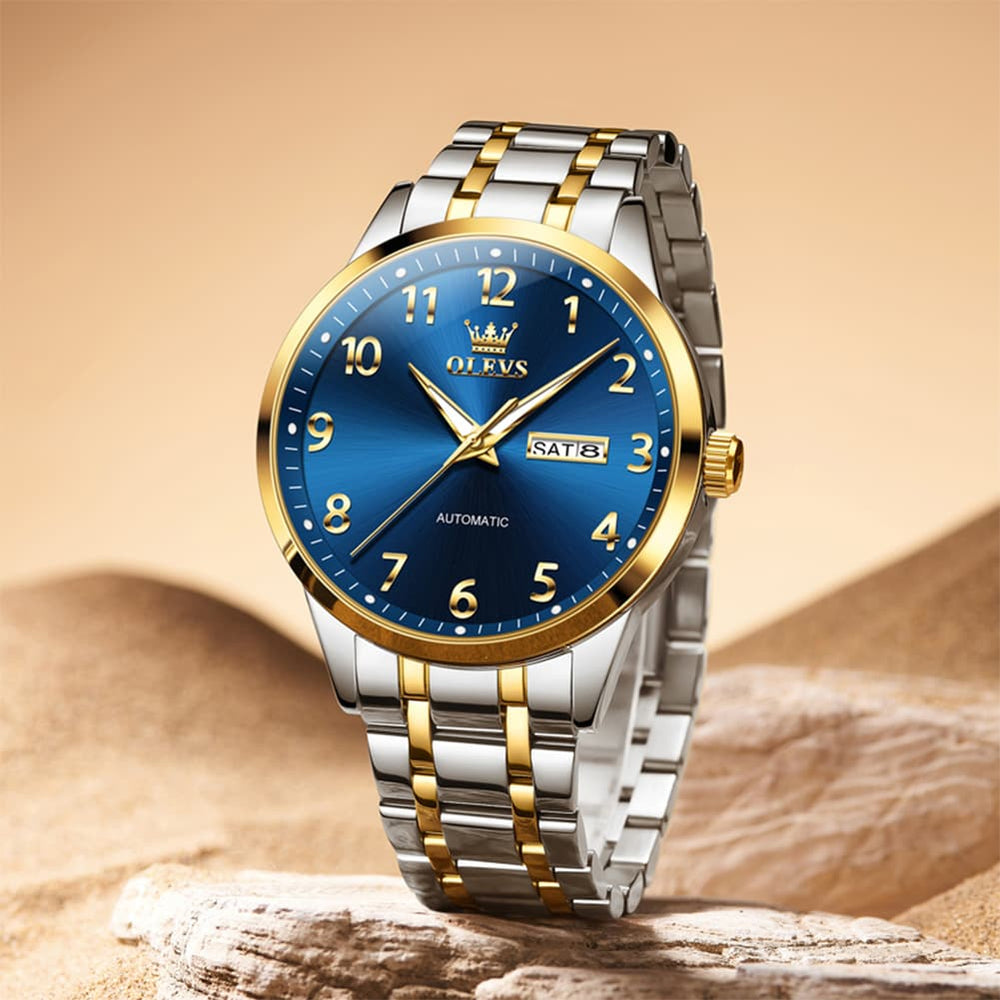 OLEVS 7078 Arabic Numeral Dual Calendar Automatic Watch For Men - All Gold Watch | Olevs Watch Store