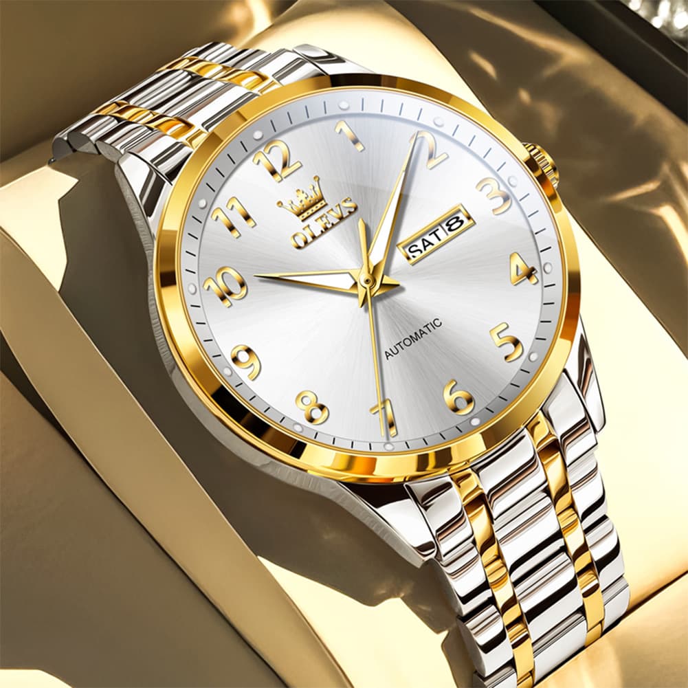 OLEVS 7078 Arabic Numeral Dual Calendar Automatic Watch For Men - All Gold Watch | Olevs Watch Store