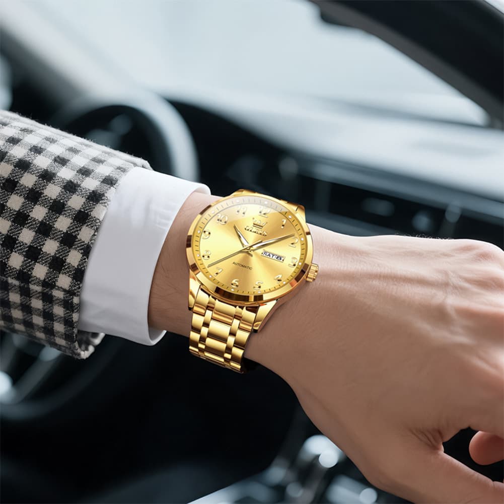 OLEVS 7078 Arabic Numeral Dual Calendar Automatic Watch For Men - All Gold Watch | Olevs Watch Store