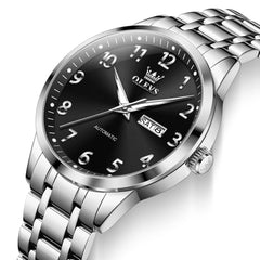 OLEVS 7078 Arabic Numeral Dual Calendar Automatic Watch For Men - Silver Black Watch | Olevs Watch Store