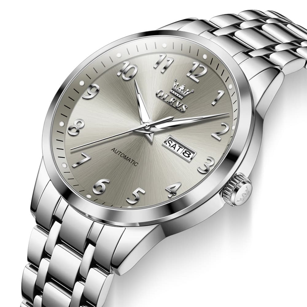 OLEVS 7078 Arabic Numeral Dual Calendar Automatic Watch For Men - Silver Grey Watch | Olevs Watch Store