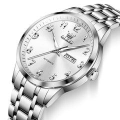 OLEVS 7078 Arabic Numeral Dual Calendar Automatic Watch For Men - Silver White Watch | Olevs Watch Store