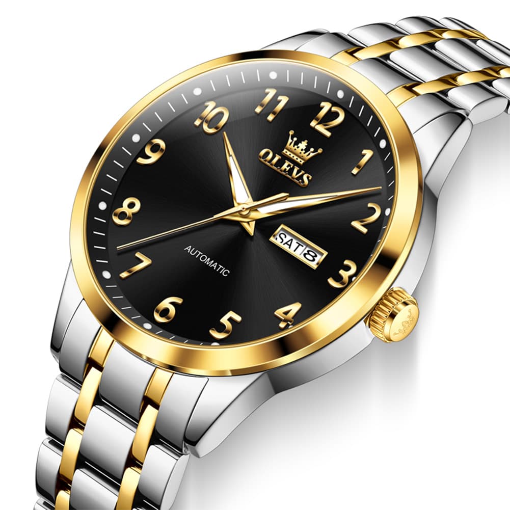 OLEVS 7078 Arabic Numeral Dual Calendar Automatic Watch For Men - Two Tone Black Watch | Olevs Watch Store