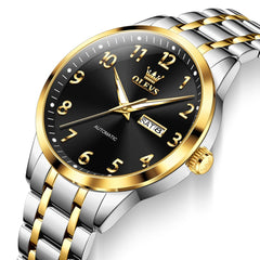 OLEVS 7078 Arabic Numeral Dual Calendar Automatic Watch For Men - Two Tone Black Watch | Olevs Watch Store