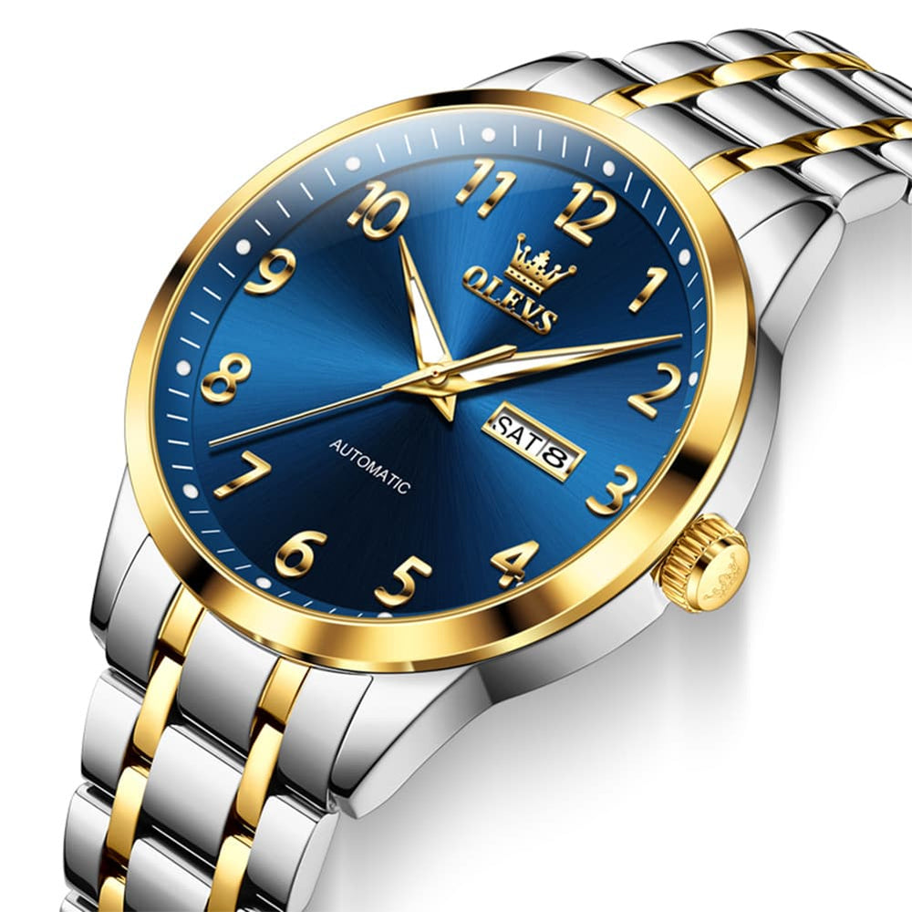 OLEVS 7078 Arabic Numeral Dual Calendar Automatic Watch For Men - Two Tone Blue Watch | Olevs Watch Store