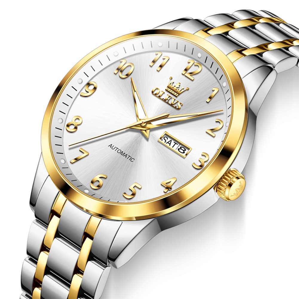 OLEVS 7078 Arabic Numeral Dual Calendar Automatic Watch For Men - Two Tone White Watch | Olevs Watch Store