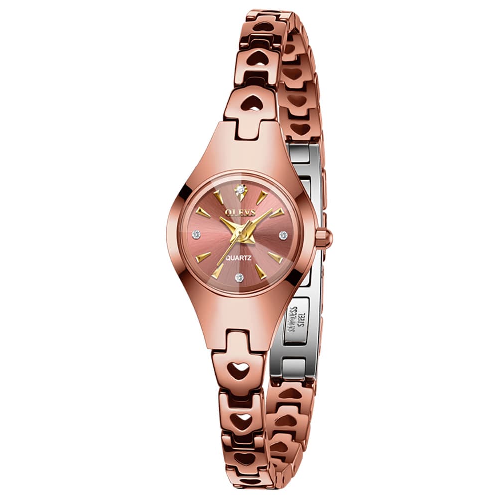 OLEVS 7082 Tungsten Steel Watch Dainty Heart Link Faceted Bracelet Diamond Accent Quartz Timepiece for Women - Olevs Store