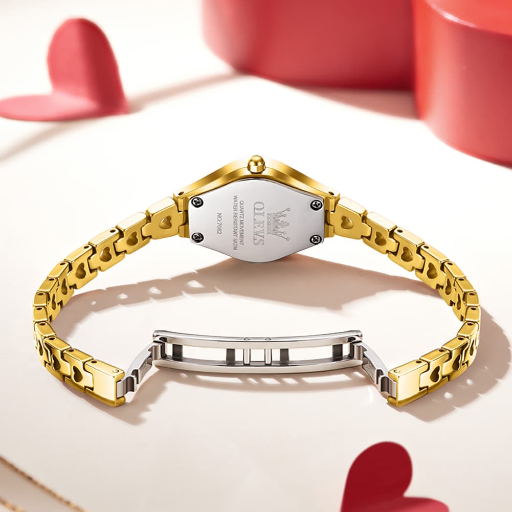 OLEVS 7082 Tungsten Steel Watch Dainty Heart Link Faceted Bracelet Diamond Accent Quartz Timepiece for Women - Olevs Store
