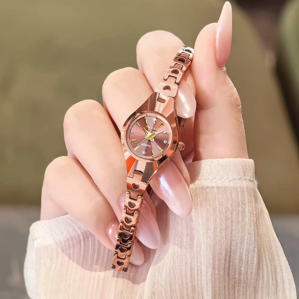 OLEVS 7082 Tungsten Steel Watch Dainty Heart Link Faceted Bracelet Diamond Accent Quartz Timepiece for Women - Olevs Store