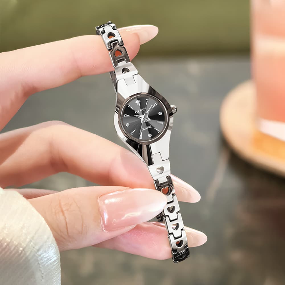 OLEVS 7082 Tungsten Steel Watch Dainty Heart Link Faceted Bracelet Diamond Accent Quartz Timepiece for Women - Olevs Store