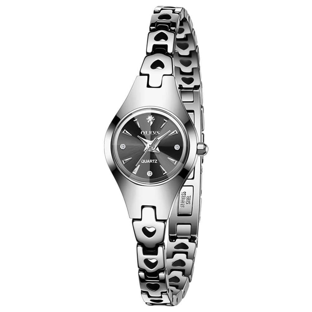 OLEVS 7082 Tungsten Steel Watch Dainty Heart Link Faceted Bracelet Diamond Accent Quartz Timepiece for Women - Olevs Store