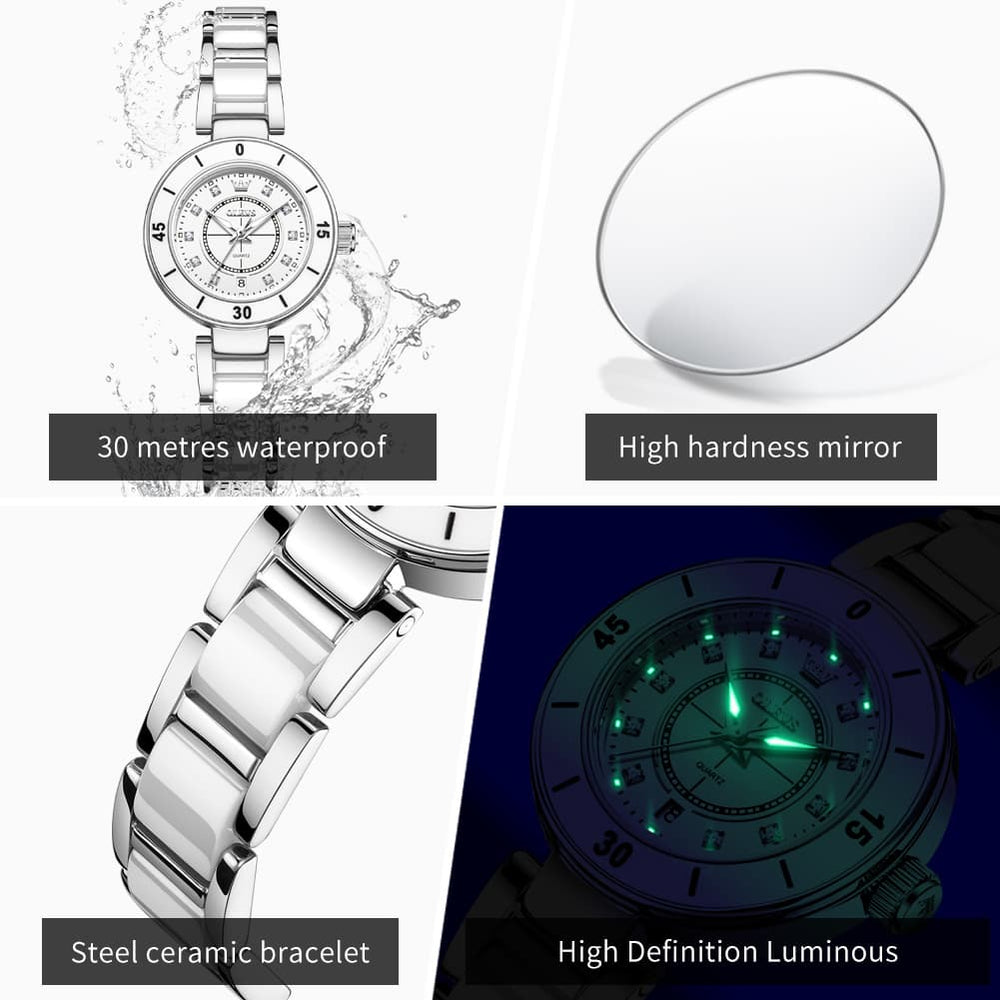OLEVS 7083 White Ceramic Watch Sport Luxe Diamond Accent Stainless Steel Bracelet Quartz Timepiece for Women - Olevs Store
