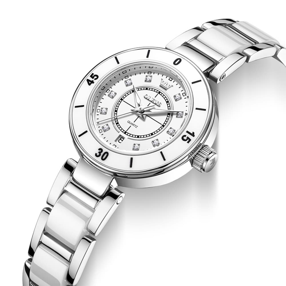 OLEVS 7083 White Ceramic Watch Sport Luxe Diamond Accent Stainless Steel Bracelet Quartz Timepiece for Women - Olevs Store