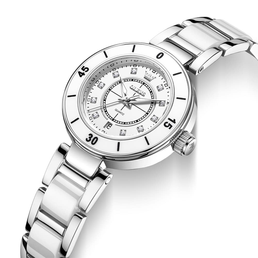 OLEVS 7083 White Ceramic Watch Sport Luxe Diamond Accent Stainless Steel Bracelet Quartz Timepiece for Women - Olevs Store