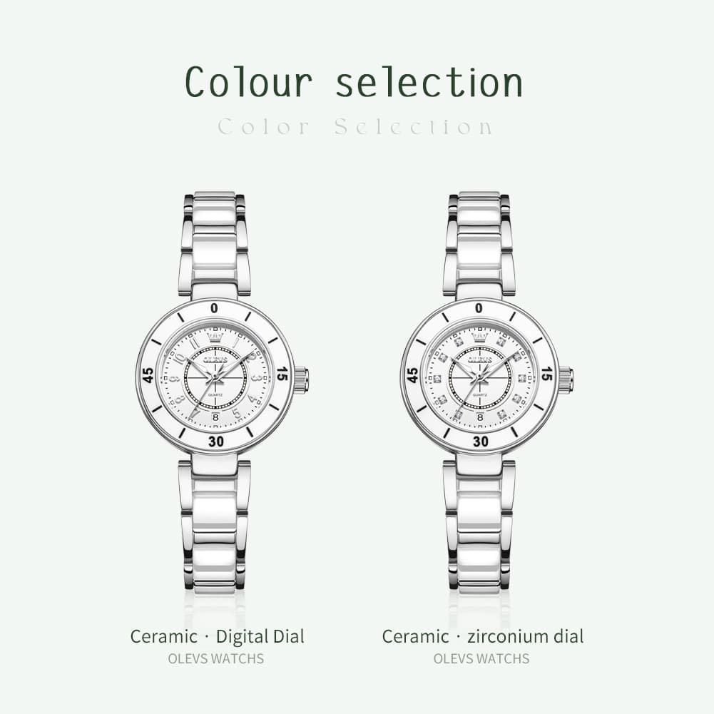 OLEVS 7083 White Ceramic Watch Sport Luxe Diamond Accent Stainless Steel Bracelet Quartz Timepiece for Women - Olevs Store