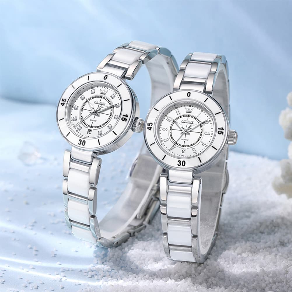 OLEVS 7083 White Ceramic Watch Sport Luxe Diamond Accent Stainless Steel Bracelet Quartz Timepiece for Women - Olevs Store