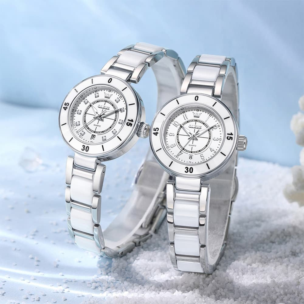 OLEVS 7083 White Ceramic Watch Sport Luxe Diamond Accent Stainless Steel Bracelet Quartz Timepiece for Women - Olevs Store