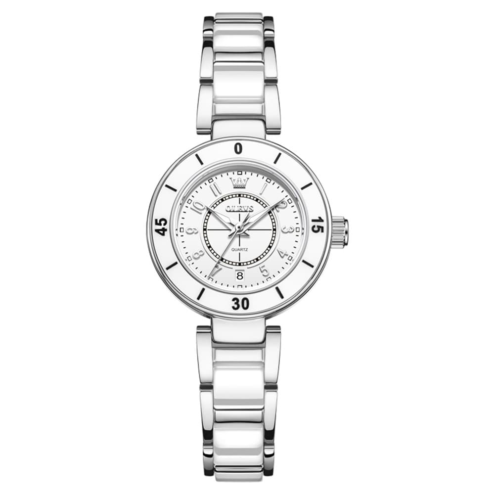 OLEVS 7083 White Ceramic Watch Sport Luxe Diamond Accent Stainless Steel Bracelet Quartz Timepiece for Women - Olevs Store