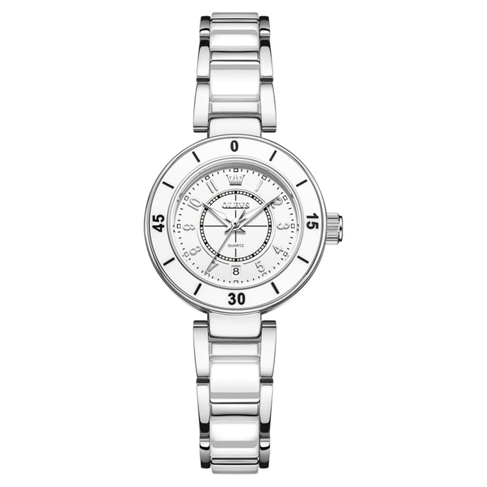 OLEVS 7083 White Ceramic Watch Sport Luxe Diamond Accent Stainless Steel Bracelet Quartz Timepiece for Women - Olevs Store