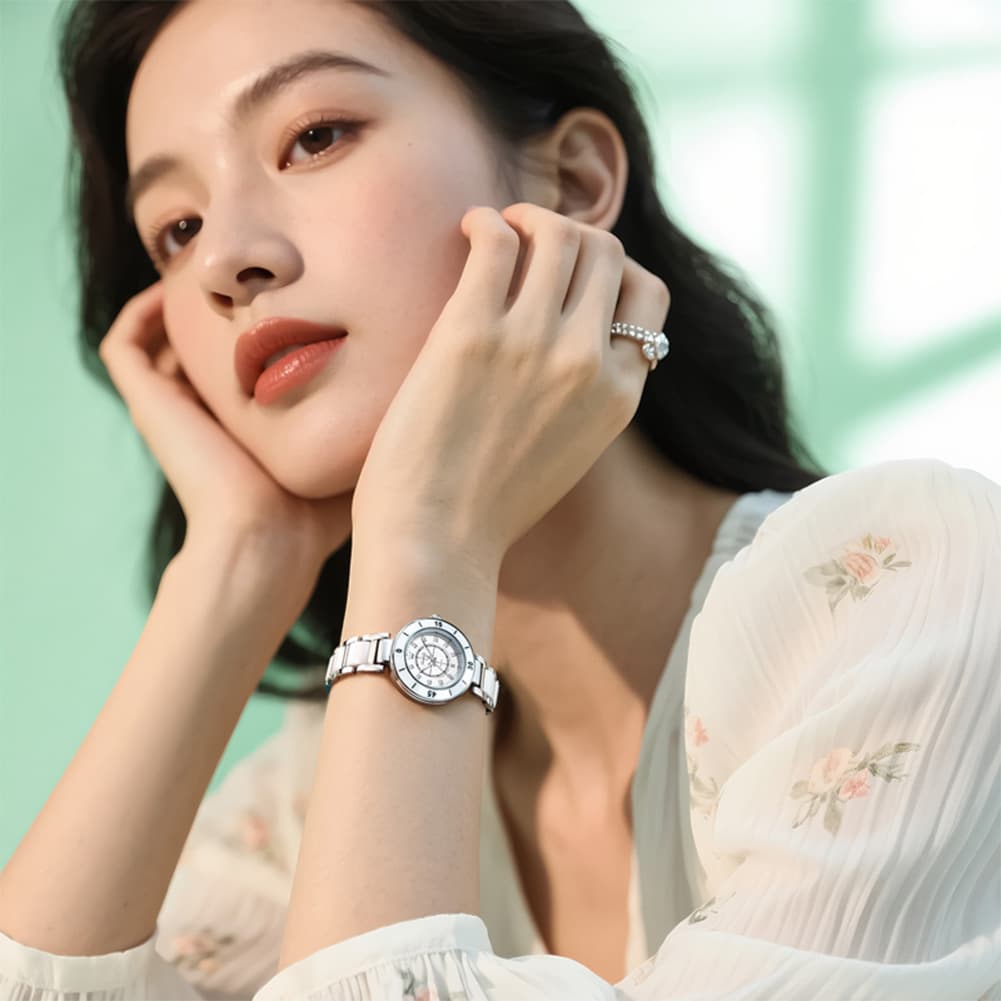 OLEVS 7083 White Ceramic Watch Sport Luxe Diamond Accent Stainless Steel Bracelet Quartz Timepiece for Women - Olevs Store
