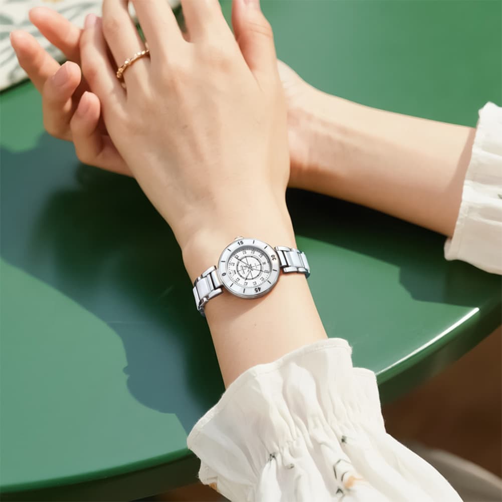 OLEVS 7083 White Ceramic Watch Sport Luxe Diamond Accent Stainless Steel Bracelet Quartz Timepiece for Women - Olevs Store
