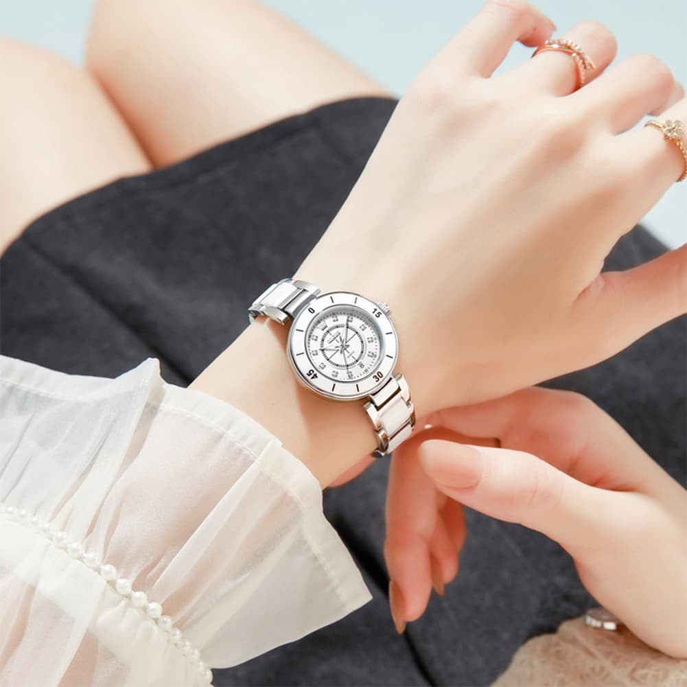 OLEVS 7083 White Ceramic Watch Sport Luxe Diamond Accent Stainless Steel Bracelet Quartz Timepiece for Women - Olevs Store