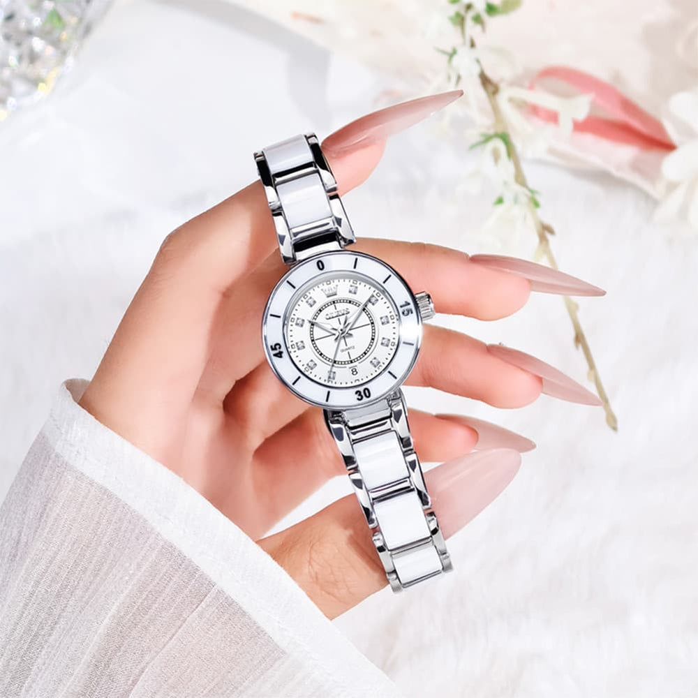 OLEVS 7083 White Ceramic Watch Sport Luxe Diamond Accent Stainless Steel Bracelet Quartz Timepiece for Women - Olevs Store