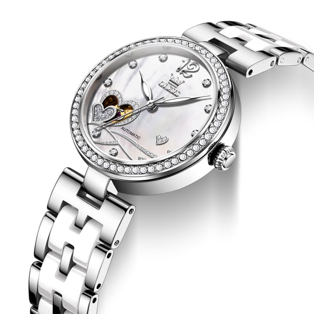 OLEVS 7086 Ceramic Heart Open Heart Automatic Watch For Women - Silver White Watch | Olevs Watch Store