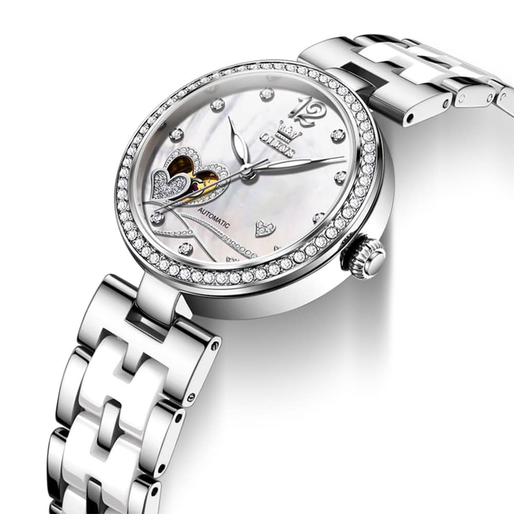 OLEVS 7086 Ceramic Heart Open Heart Automatic Watch For Women - Silver White Watch | Olevs Watch Store