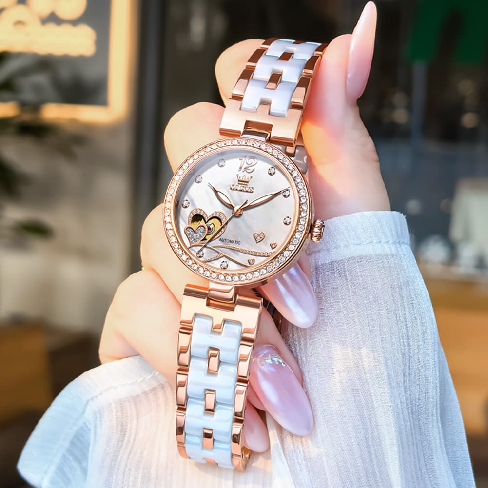 OLEVS 7086 Ceramic Heart Open Heart Automatic Watch For Women - Silver White Watch | Olevs Watch Store