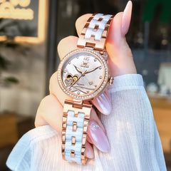 OLEVS 7086 Ceramic Heart Open Heart Automatic Watch For Women - Silver White Watch | Olevs Watch Store