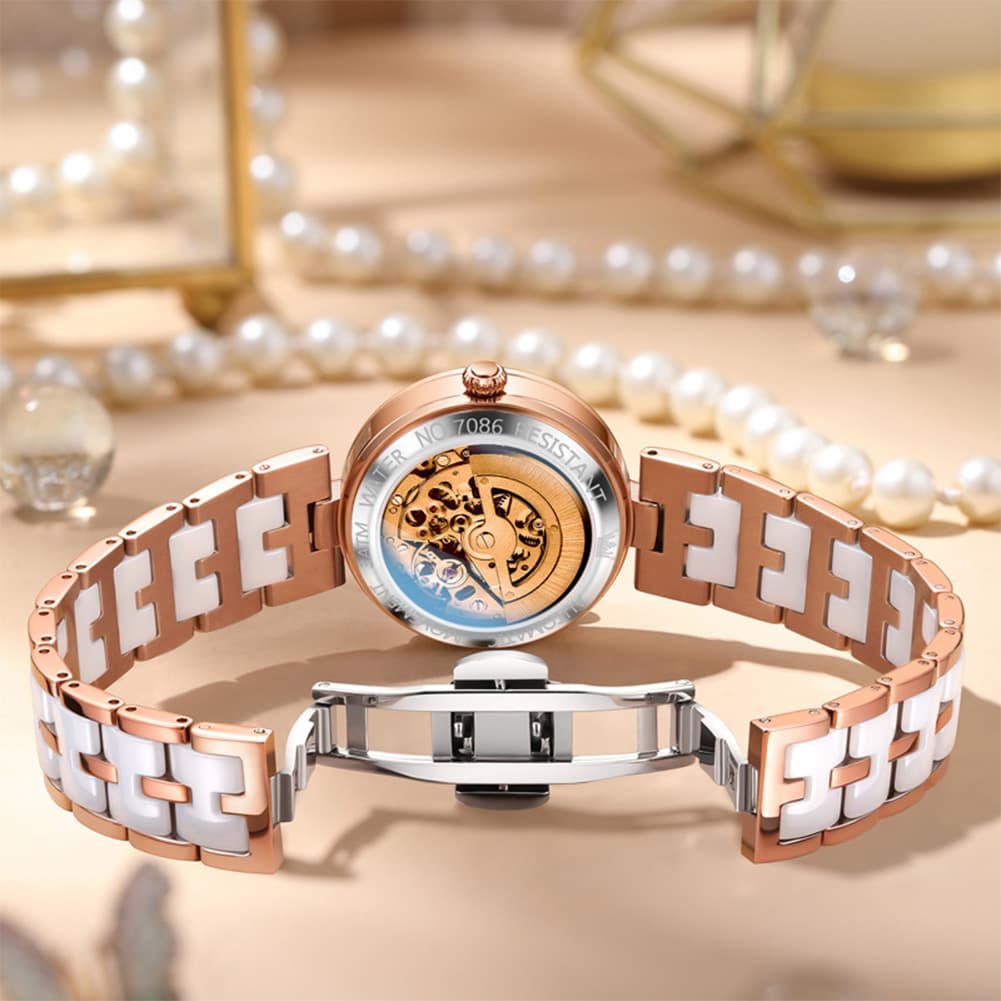 OLEVS 7086 Ceramic Heart Open Heart Automatic Watch For Women - Silver White Watch | Olevs Watch Store