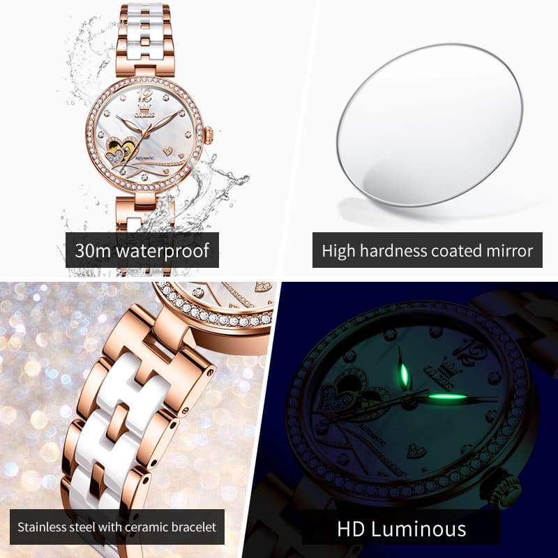 OLEVS 7086 Ceramic Heart Open Heart Automatic Watch For Women - Silver White Watch | Olevs Watch Store