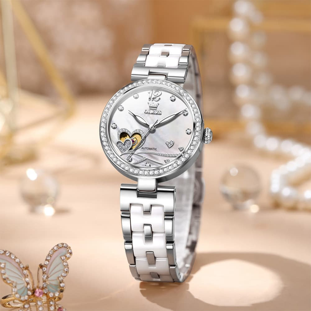 OLEVS 7086 Ceramic Heart Open Heart Automatic Watch For Women - Silver White Watch | Olevs Watch Store