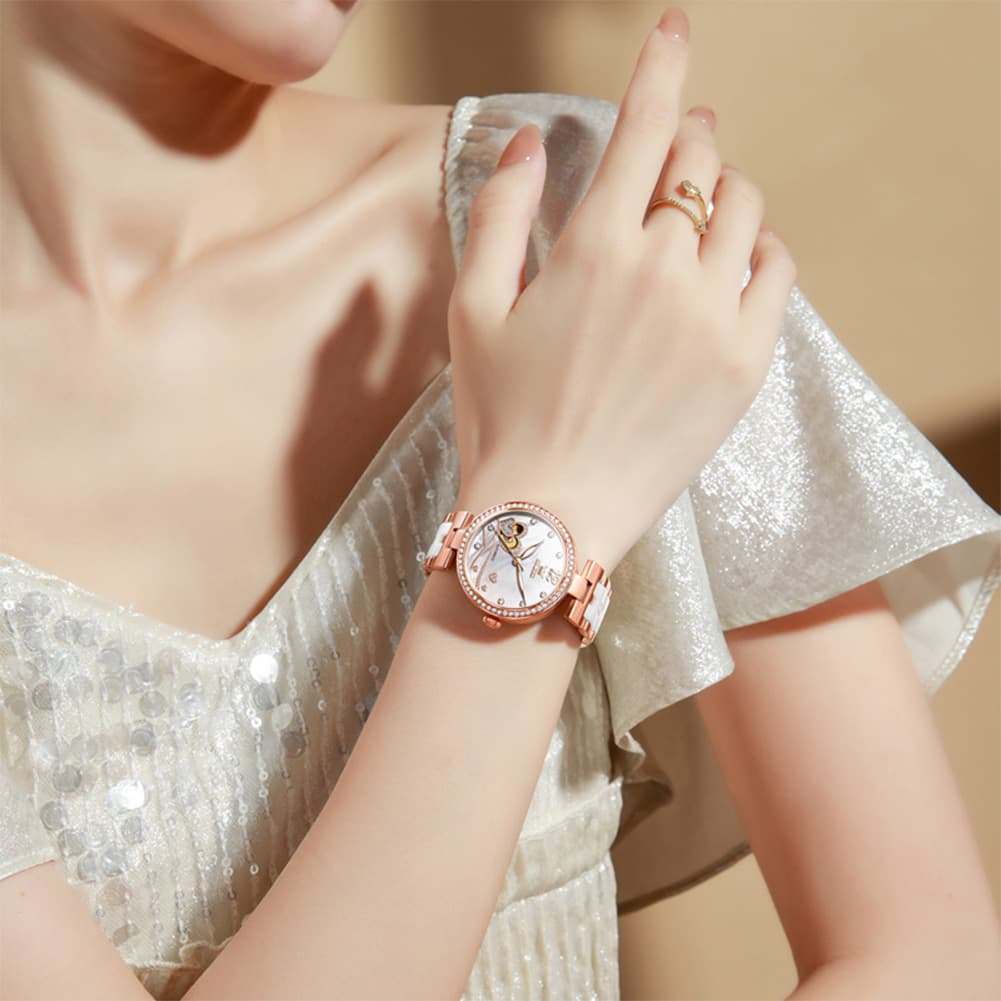 OLEVS 7086 Ceramic Heart Open Heart Automatic Watch For Women - Silver White Watch | Olevs Watch Store