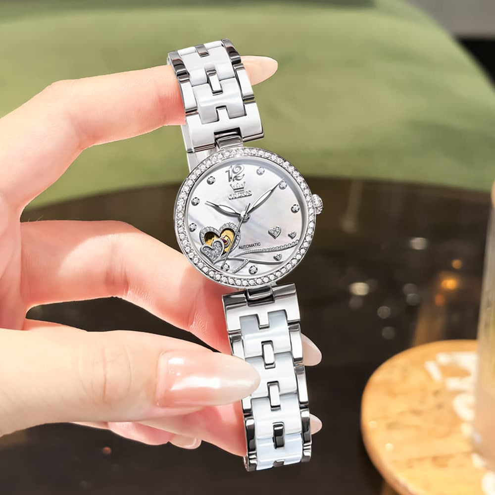 OLEVS 7086 Ceramic Heart Open Heart Automatic Watch For Women - Silver White Watch | Olevs Watch Store