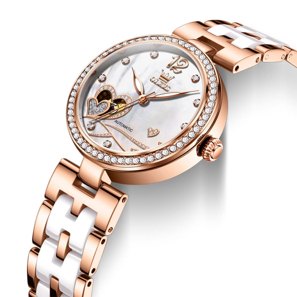 OLEVS 7086 Ceramic Heart Open Heart Automatic Watch For Women - Silver White Watch | Olevs Watch Store